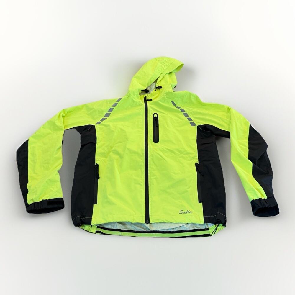 Scollit Mens Neon Green Full Zip Hooded Cycling Rain Jacket Size S Small